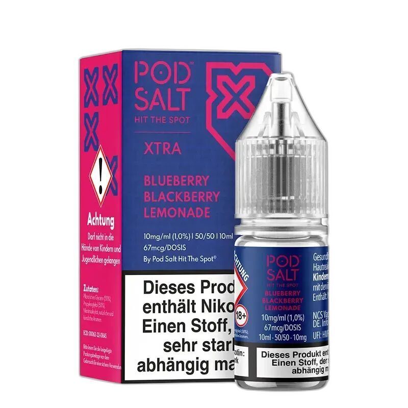 Liquid Blueberry Blackberry Lemonade von Pod Salt Xtra Pod Salt Xtra Flasche und Verpackung mit Blueberry Blackberry Lemonade Aroma; Warnhinweise und 10mg Nikotinsalz-Dosierung sichtbar.