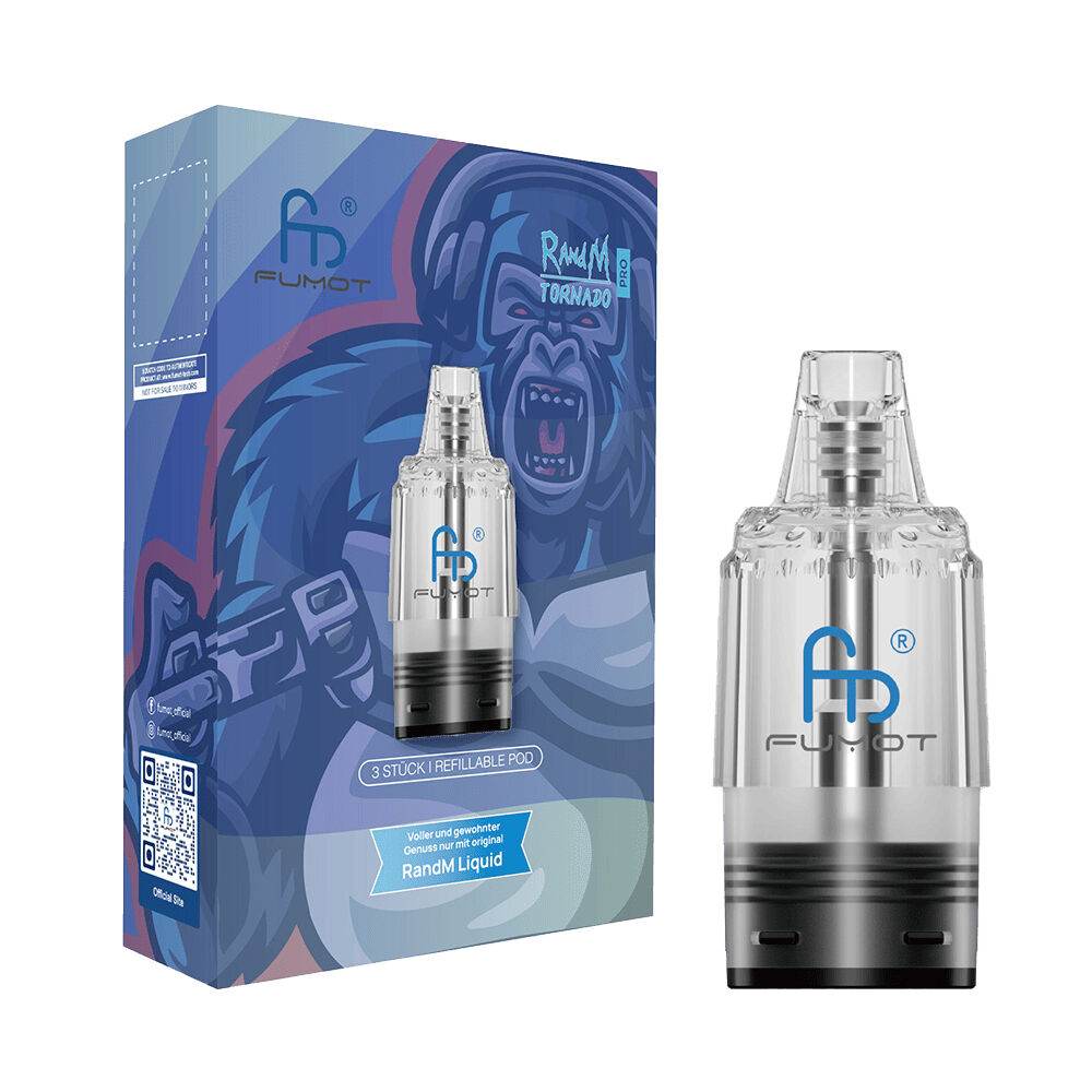 27659vp3 Fumot RandM Tornado Pro Pods mit Coil 0,8 Ohm, transparente Hülle, blaues Logo, Verpackung mit Gorilla-Artwork im Hintergrund.
