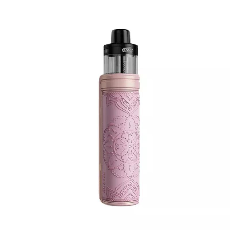 Voopoo Drag X2 Pod Kit in Glow Pink mit gestochenem Mandala-Muster und schwarzem Mundstück auf transparenter Hülse