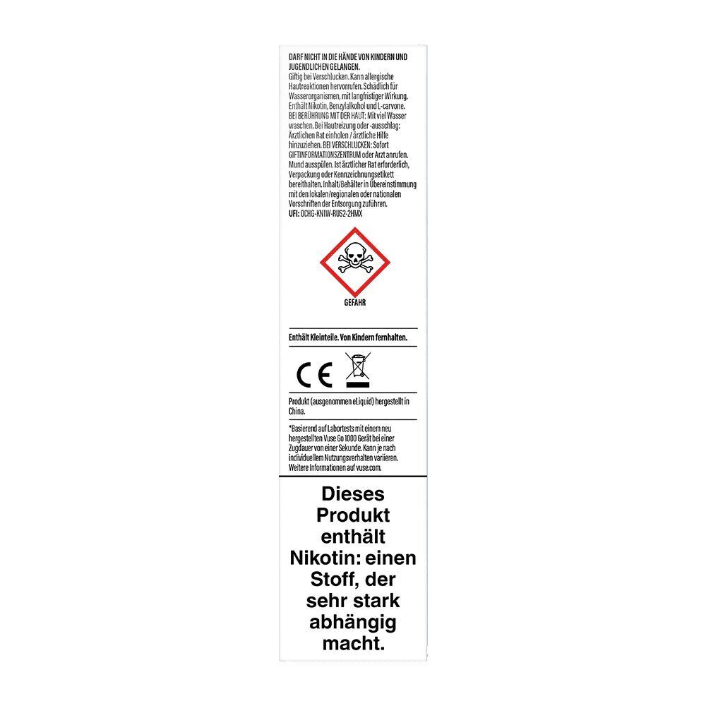 Peppermint Ice - Vuse GO 1000 Einweg Warnhinweise und Gefahrenpiktogramm auf Verpackung von Vuse GO 1000 Peppermint Ice mit Text zur Nikotinsuchtgefahr.
