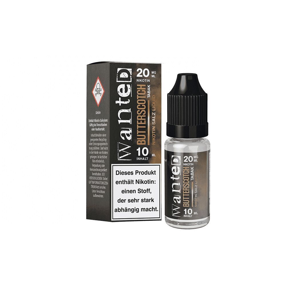 Liquid Butterscotch Tabak von Wanted E-Liquid „Wanted Butterscotch Tabak“ Nikotinsalz, 20 mg/ml, 10 ml Flasche neben Verpackung mit Warnhinweis über Nikotingehalt.