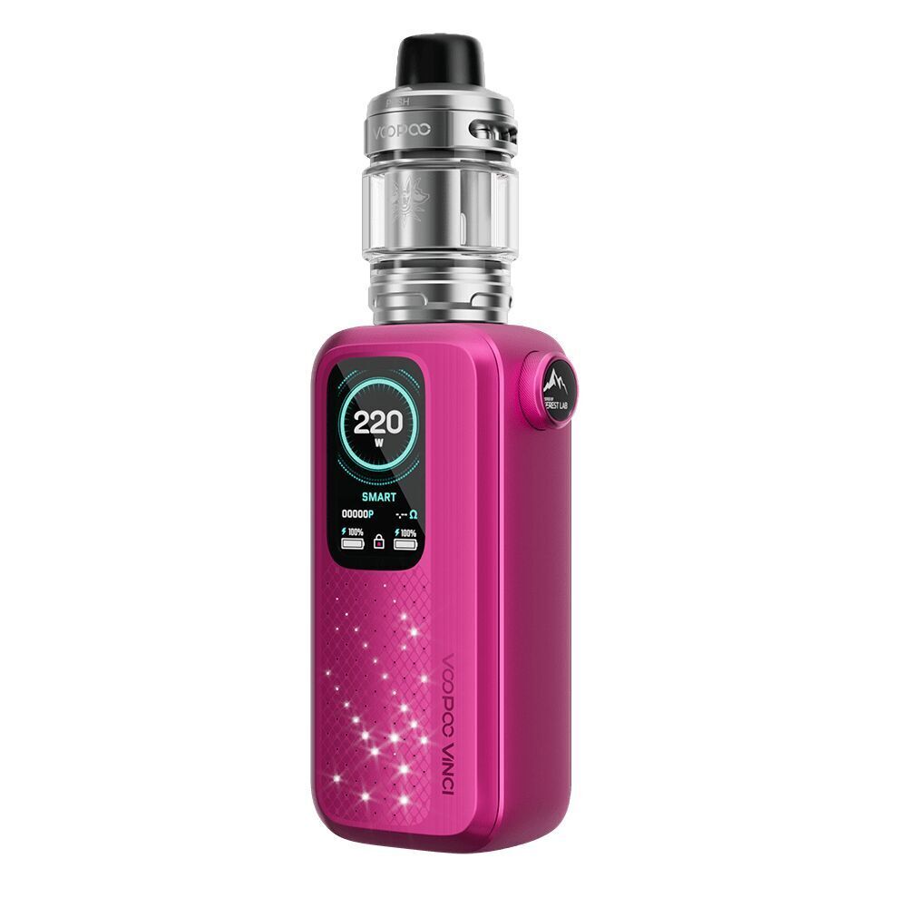 Voopoo Vinci Spark 220 Box Kit in Rose Red mit digitalem Display, erkenntlich an der Watt-Anzeige, silbernem Verdampfer und seitlichem Knopf.