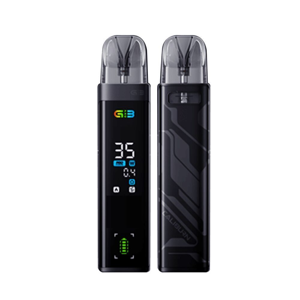 Uwell Caliburn G3 Pro Pod Kit - Midnight Black Uwell Caliburn G3 Pro Pod Kit in Midnight Black mit digitalem Display und grauem Pod-Design, zeigt verschiedene Einstellungen und Symbole.
