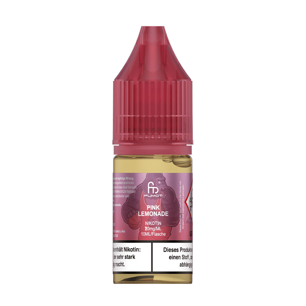 RNM111 Flasche des RandM Tornado Nikotinsalz Liquid mit rotem Deckel, Etikett "Pink Lemonade", 10mg Nikotin, 10ml Inhalt.