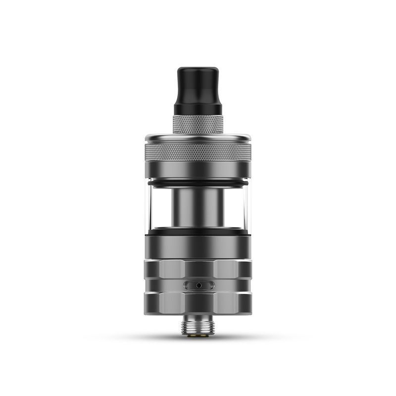 Hellvape Wirice Launcher Mini Gunmetal Hellvape Wirice Launcher Mini Verdampfer in Gunmetal mit schwarzem Mundstück, silbernen Details und Glasfenster.