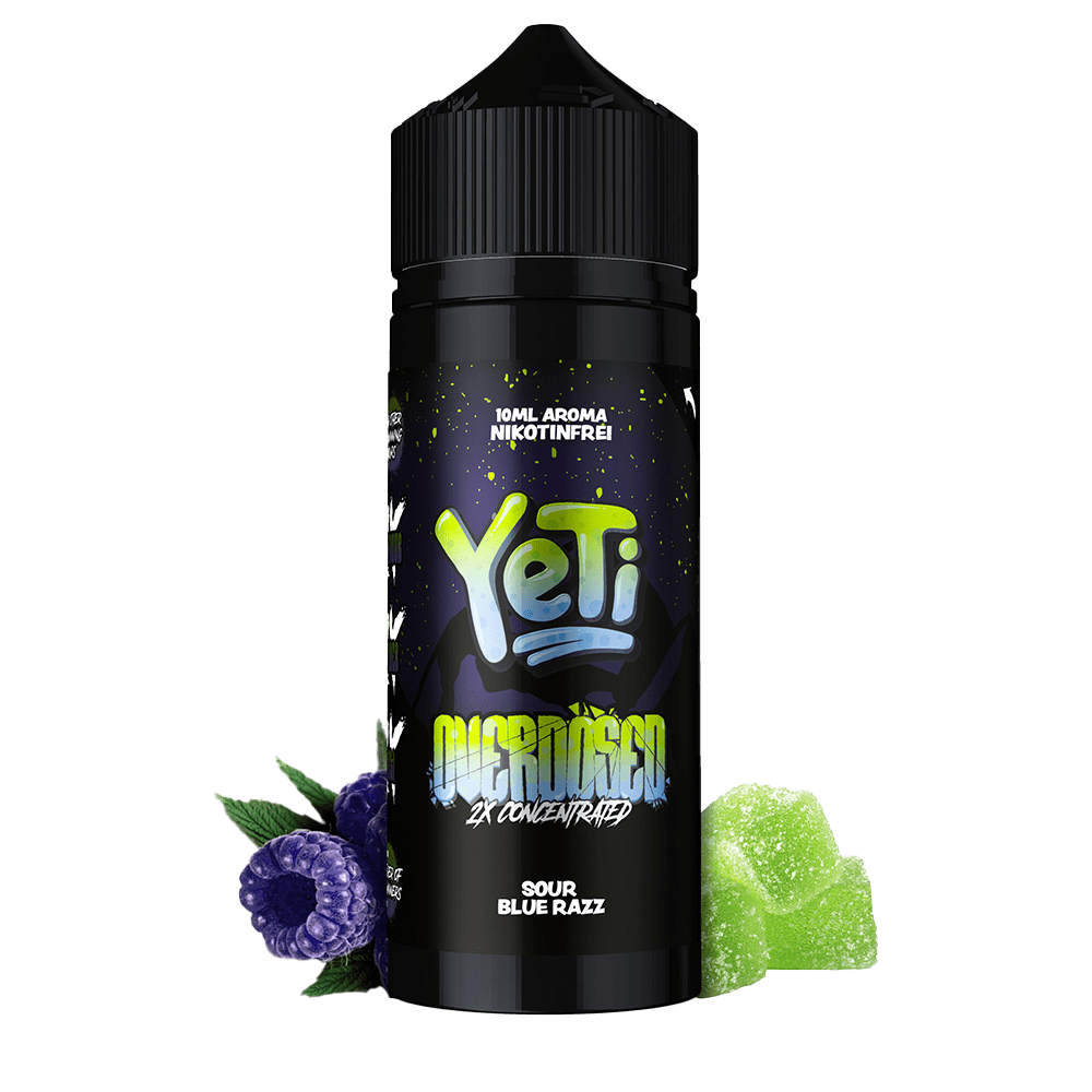Aroma Sour Blue Razz von Yeti Yeti Aroma Sour Blue Razz Flasche mit grünen und blauen Beeren im Vordergrund, auf der Flasche steht "nikotinfrei" und "overdosed 2x concentrated".