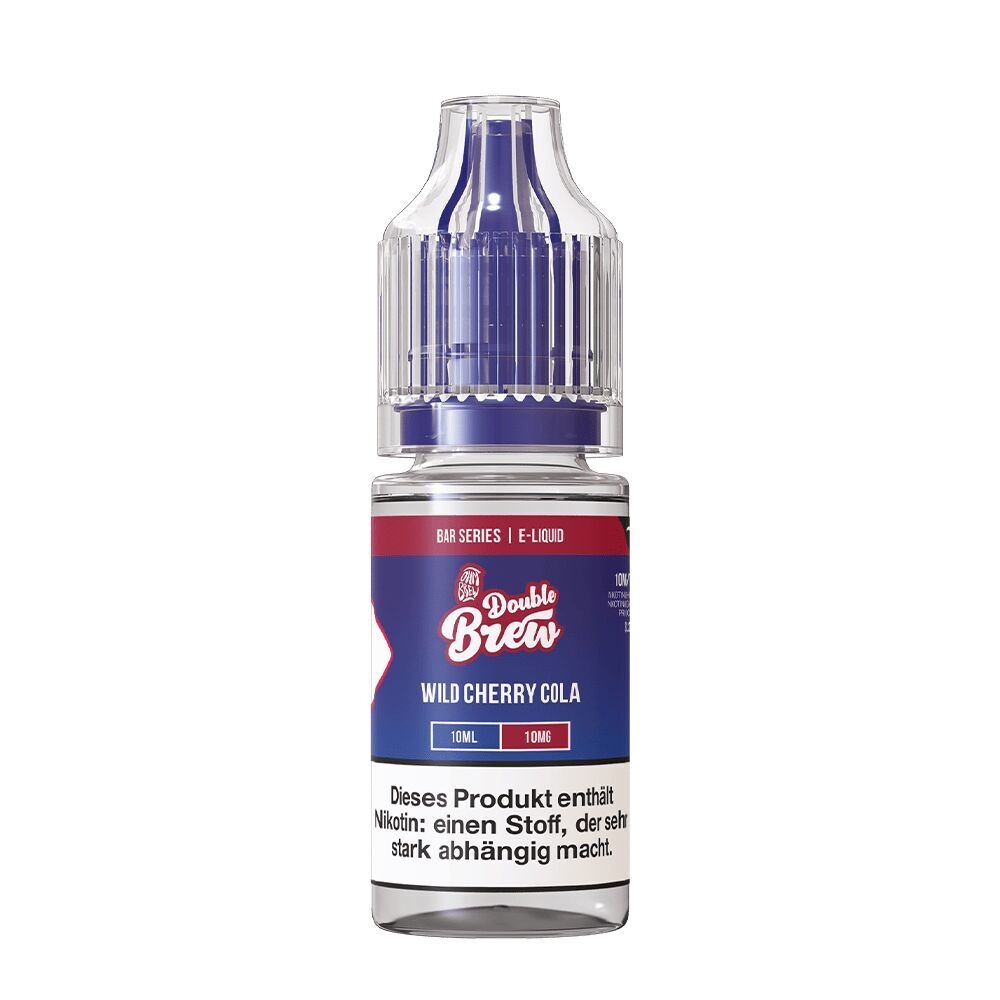 Flasche mit 10ml Nikotinsalz-E-Liquid, Double Brew Wild Cherry Cola Aroma, rot-blaues Etikett, Hinweis auf Nikotinhaltigkeit.