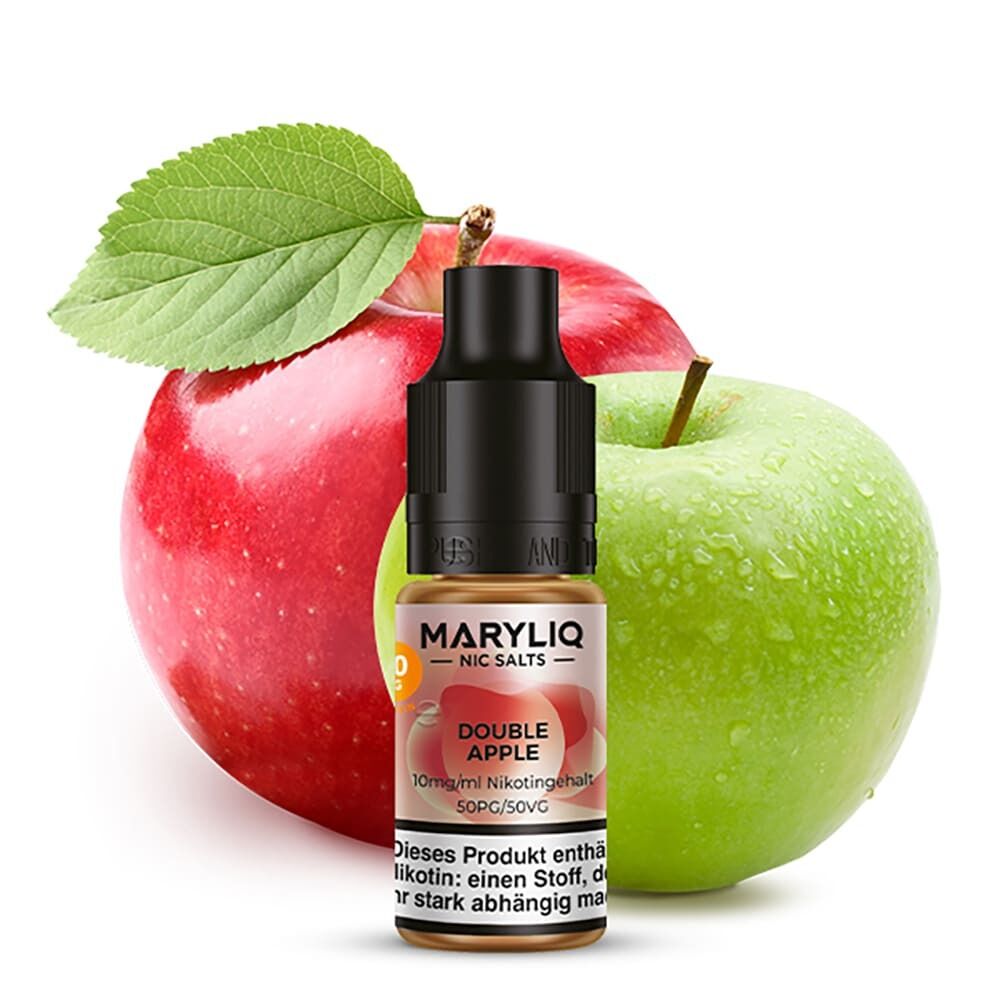 Liquid Maryliq Double Apple von Maryliq by Lost Mary Eine Flasche Maryliq Nikotinsalz Double Apple Liquid vor einem roten und einem grünen Apfel.