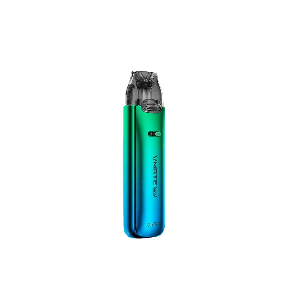 Voopoo VMATE Max Pod Kit in Neon Blue, zeigt eine grün-blaue Tönung mit "Genie AI" Schriftzug, transparente Kappe oben.