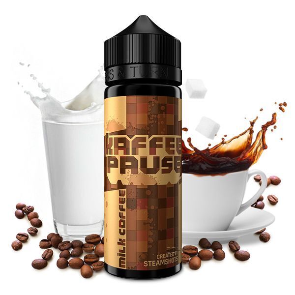 Aroma Milk & Coffee von Kaffeepause Flasche Kaffeepause Aroma Milk & Coffee, umgeben von einem Milchglas, einer Kaffeetasse mit Splash-Effekt und Kaffeebohnen.