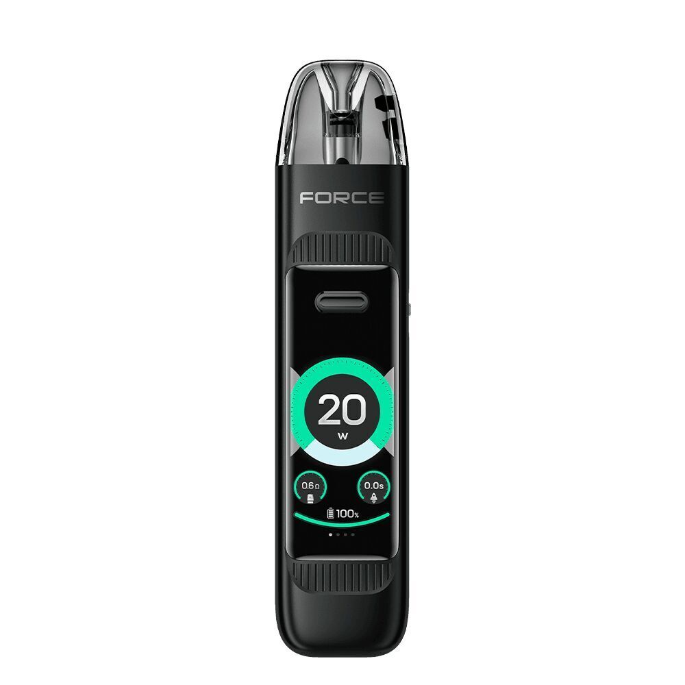 Linvo Force X Pod Kit - Carbon Fiber Black Schwarzes Linvo Force X Pod Kit mit Display zeigt 20 Watt Leistung, darunter Symbole und Batteriestatus.