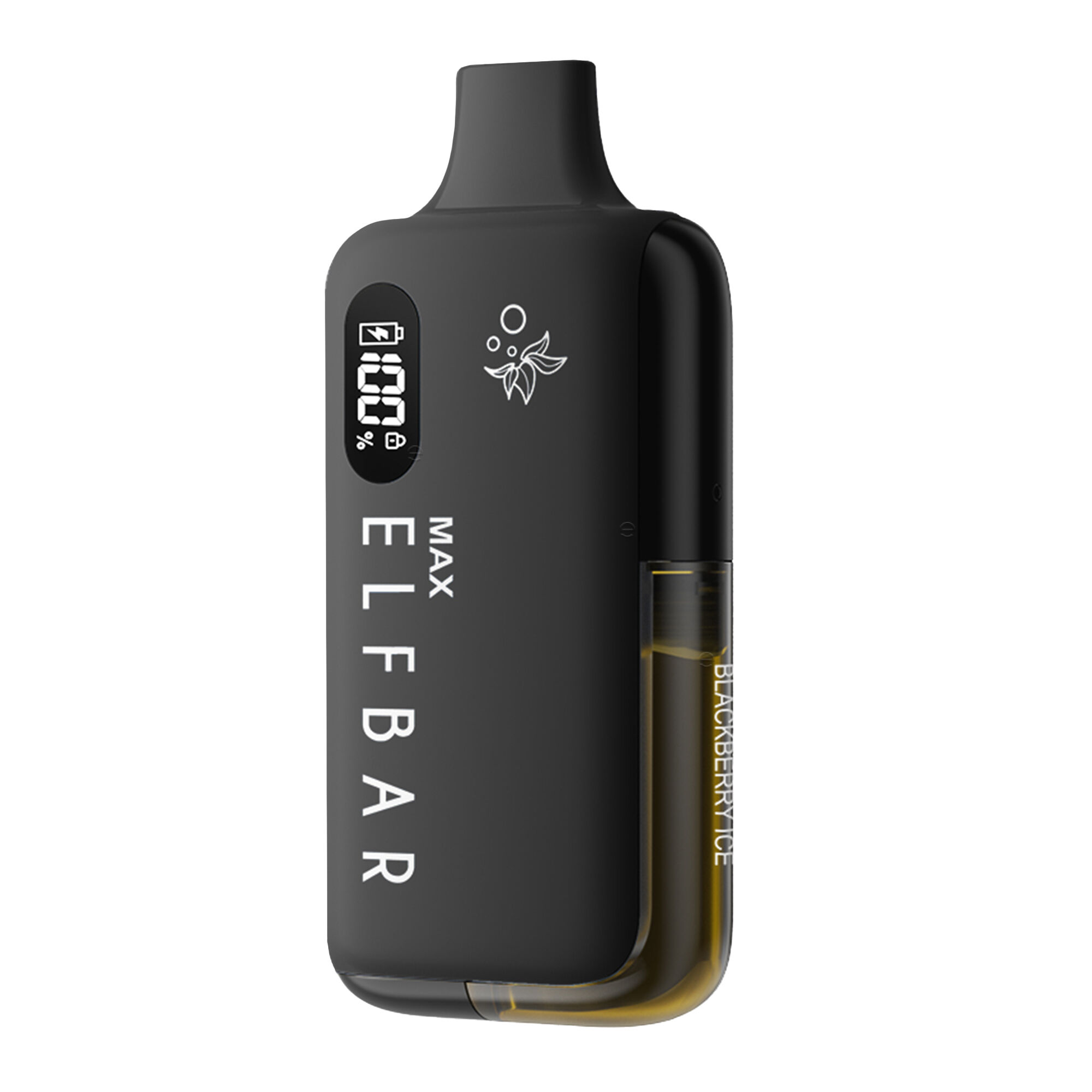 Elfbar Max Pod Kit Schwarzes Elfbar Max Pod Kit mit Display auf der Vorderseite, zeigt 80% Akkustand, klarer Tank mit der Aufschrift "BLACKBERRY ICE" an der Seite.
