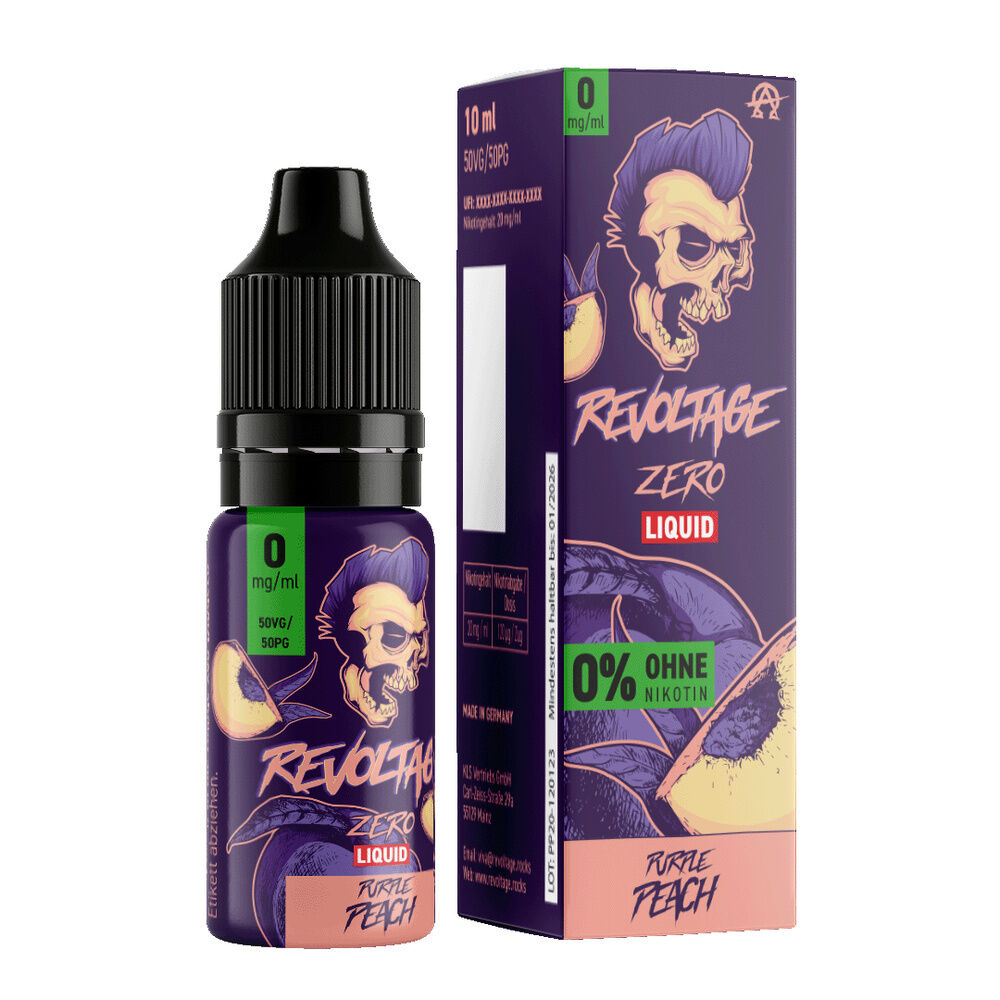 Revoltage Hybrid Liquid - Purple Peach Revoltage Liquid Purple Peach 0mg Flasche und Verpackung mit Schädel- und Pfirsichdesign, 0% Nikotin, 10 ml, violett-oranges Farbschema