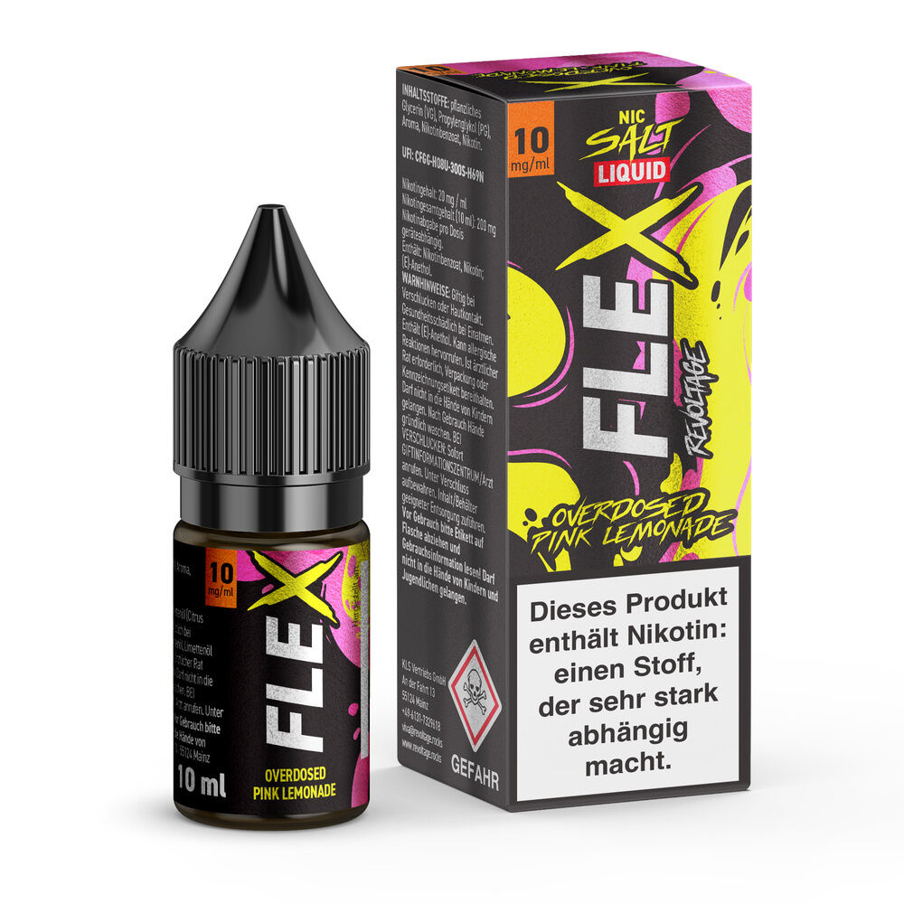 Flasche und Verpackung von Revoltage Flex Pink Lemonade Nikotinsalz-Liquid, 10 mg/ml, mit Warnhinweis zu Nikotinabhängigkeit.