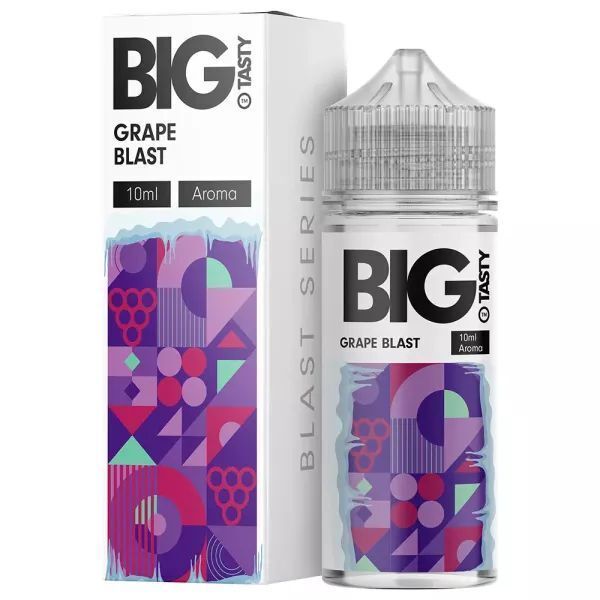 Aroma Grape Blast von Big Tasty Verpackung und Flasche des Big Tasty Grape Blast Aromas mit geometrischen Mustern in Violett, Grün und Rot, Text "10ml Aroma" sichtbar.