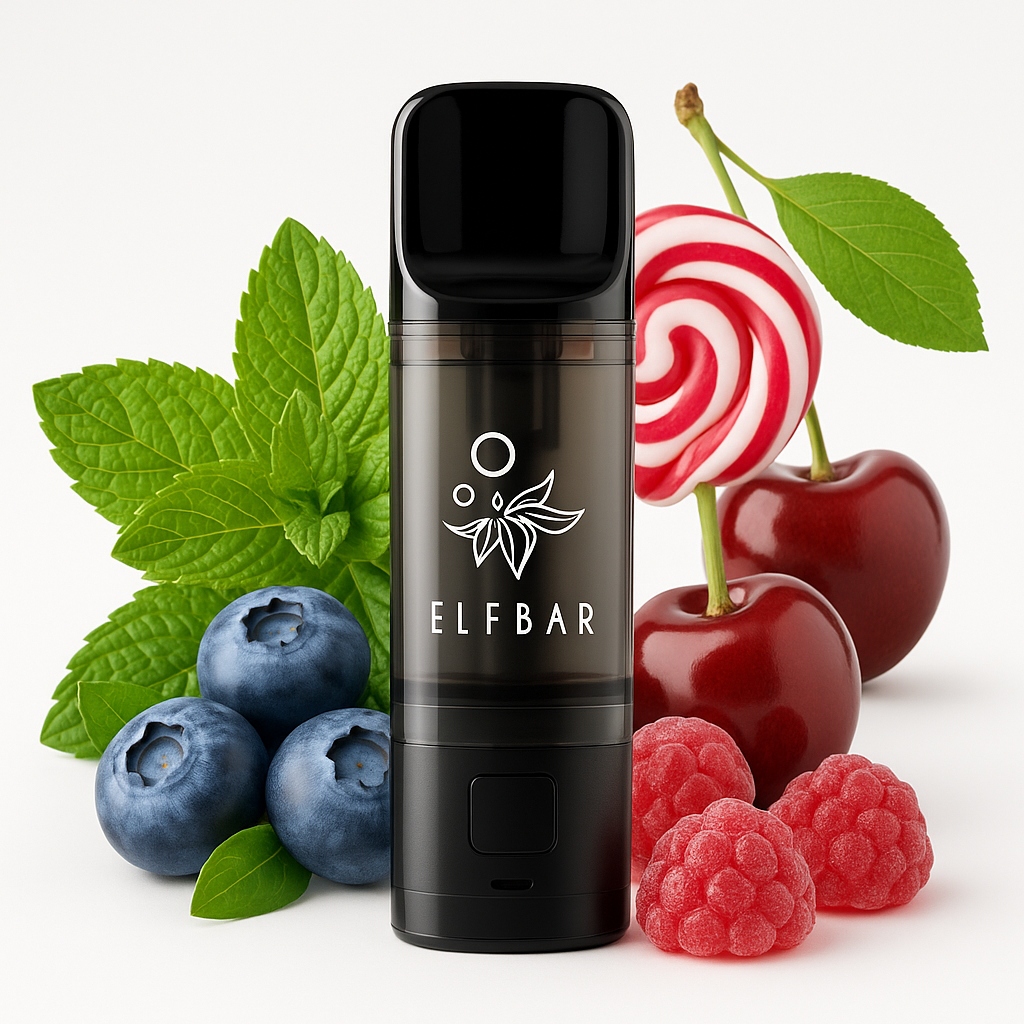 Hochwertige Darstellung der beliebtesten ELFBAR ELFA Pods mit typischen Elfa-Pods-Geschmäckern wie Minze, Blaubeere und Kirsche vor frischen Früchten und Aromen.