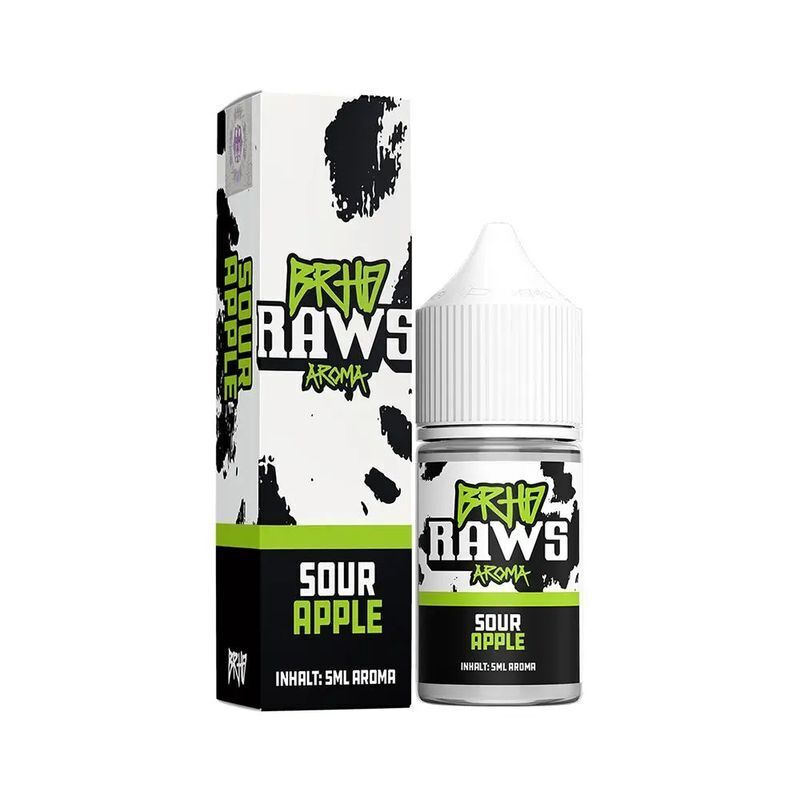 Aroma Sour Apple von BRHD RAWS BRHD RAWS Aroma Sour Apple in weißer Flasche und schwarzer Verpackung mit grünem Text und Spritzdesign, Inhalt: 5ml Aroma.