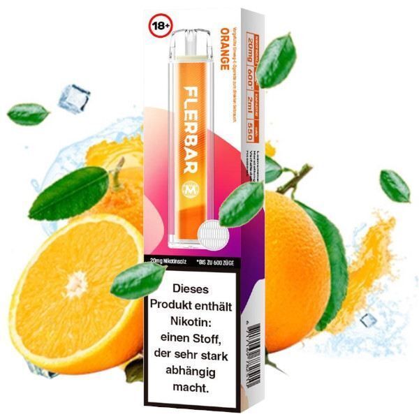 Orange mit 20mg Nikotin Flerbar E-Shisha Flerbar Vape Orange 20mg mit einer Abbildung von Orangen und grünem Blattwerk, Hinweis auf enthaltenes Nikotin mit Suchtgefahr.