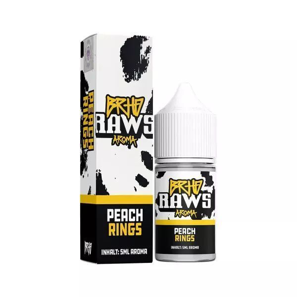 Aroma Peach Rings von BRHD RAWS BRHD RAWS Aroma-Flasche und Verpackung mit Peach Rings-Aufdruck, 5 ml Inhalt, Schwarz-Gelb-Design