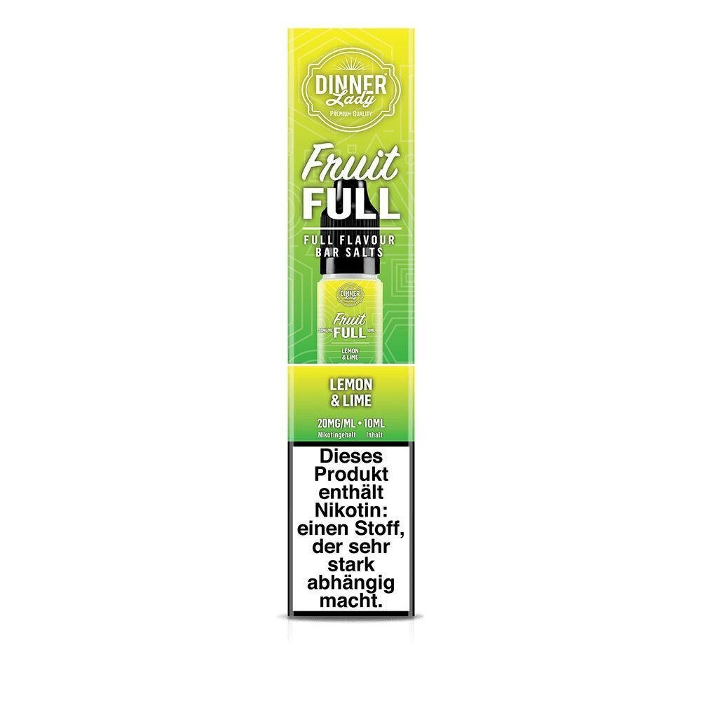 Verpackung von Dinner Lady Fruit Full Nikotinsalz Lemon & Lime 20mg mit Warnhinweis: Dieses Produkt enthält Nikotin, einen stark suchterzeugenden Stoff.