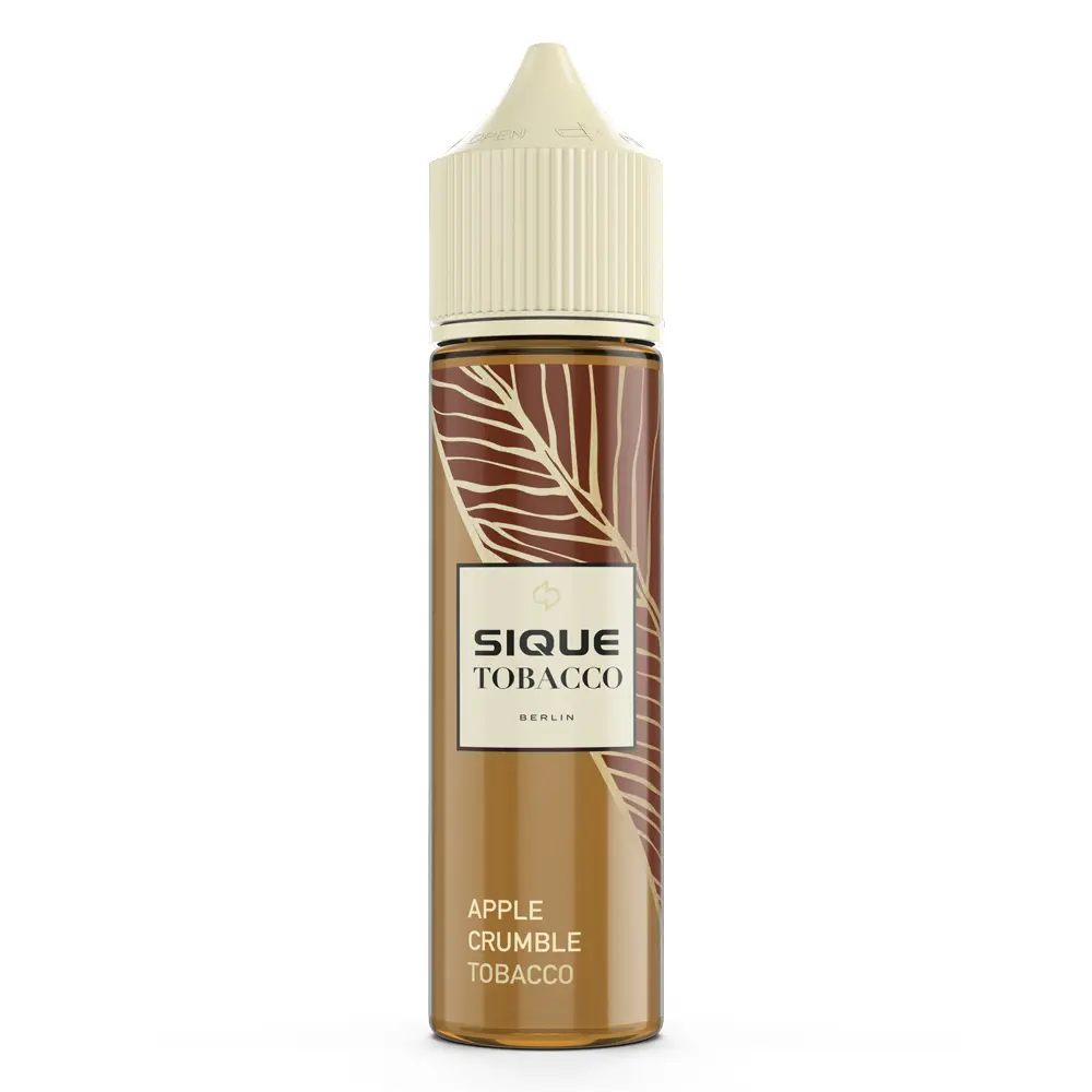 Aroma Apple Crumble Tobacco von Sique Berlin Sique Berlin Apple Crumble Tobacco Aroma, braune Flasche mit weißem Logo und Blattmotiv, cremefarbener Deckel.