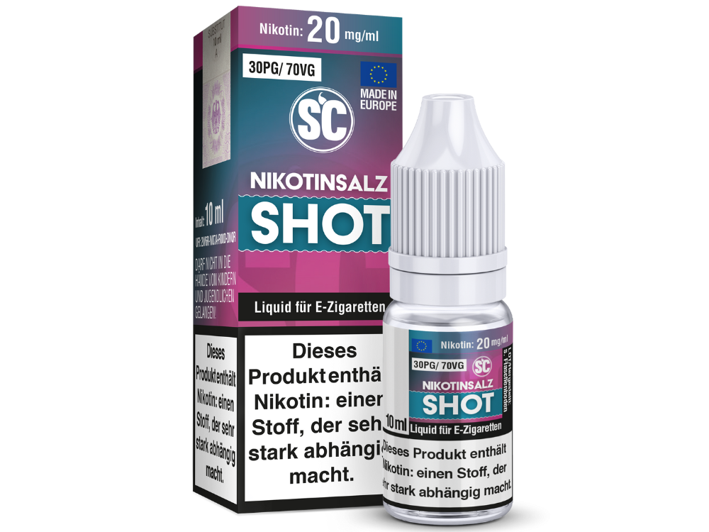 Nikotinsalz Shots 20mg - SC Flasche und Verpackung von Nikotinsalz Shots 20mg SC 70/30, 10ml, Liquid für E-Zigaretten, Warnhinweise über Nikotingehalt.