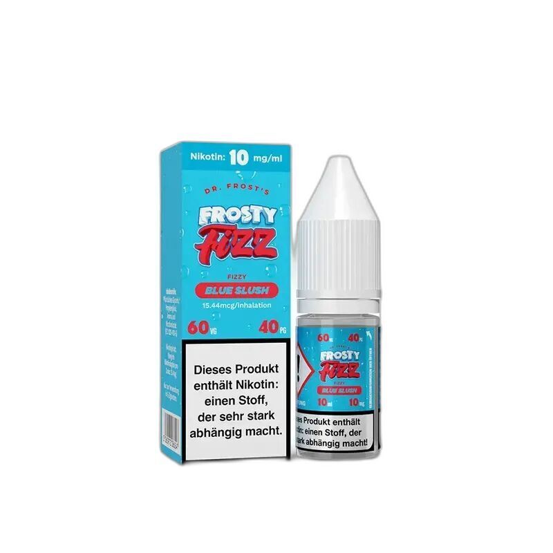 Dr. Frost Nikotinsalz - Frosty Fizz Blue Slush 10mg Dr. Frost Nikotinsalz Frosty Fizz Blue Slush 10mg Flasche und Verpackung mit Warnhinweis über Nikotinabhängigkeit in blauem Design.
