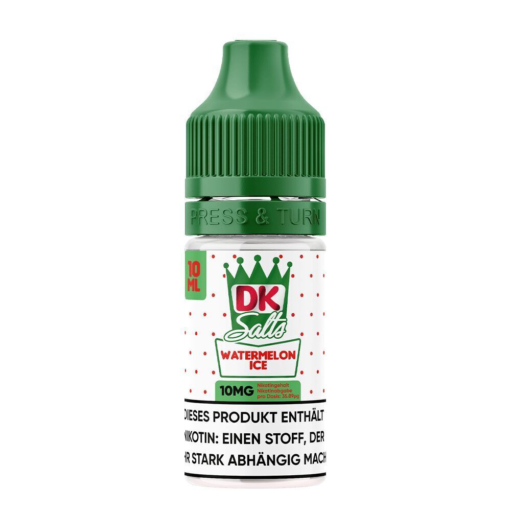 Liquid Watermelon Ice 10mg - DK Salts Flasche von DK Salts Nikotinsalz Watermelon Ice mit grünem Deckel, 10 ml, 10 mg Nikotinstärke, Warnhinweis zu Nikotin.