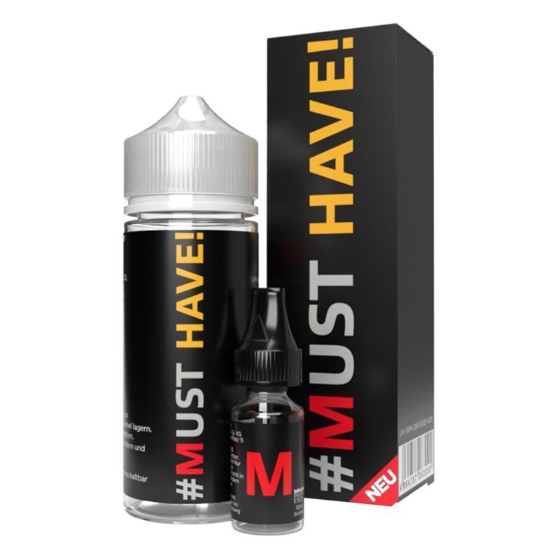 Aroma M - Must Have - Aroma Zwei schwarze Flaschen mit weißem Deckel, Aufschrift "#MUST HAVE", daneben passender Karton, rot-gelbe Details.