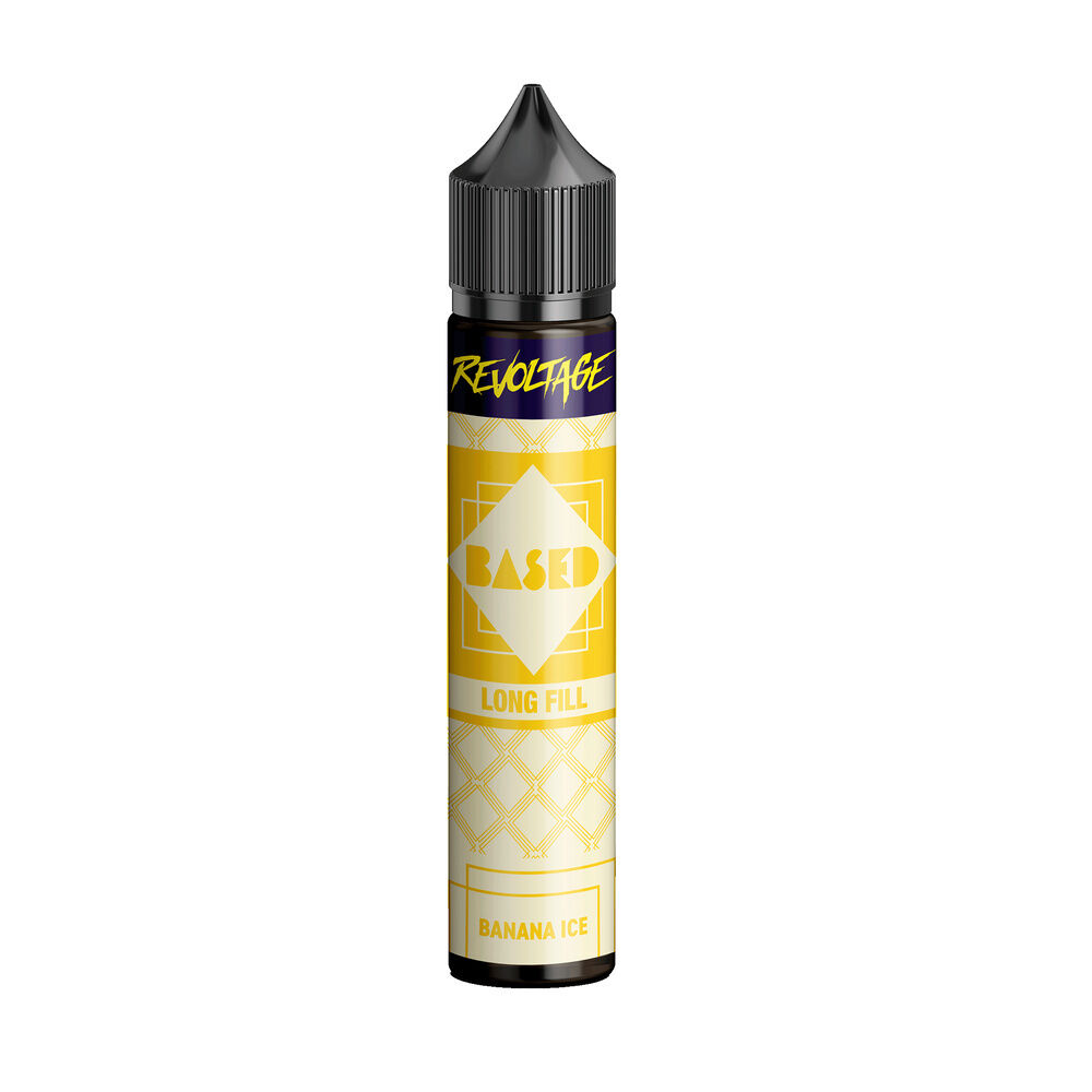 revoltage-based-longfill-aroma-banana-ice Revoltage Based Longfill Aroma Flasche mit gelbem Etikett und Aufschrift "Banana Ice", schwarzer Verschluss, dekoratives Muster