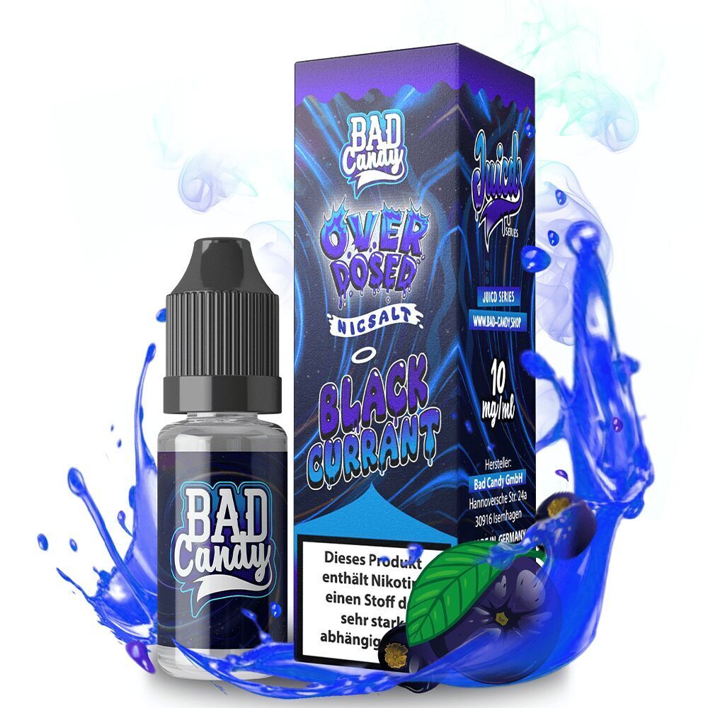 Liquid Blackcurrant Lemonade 20mg - Bad Candy Overdosed Flasche Bad Candy Overdosed Nicsalt Blackcurrant Lemonade 10mg mit Verpackung, umgeben von blauer Flüssigkeit und Johannisbeeren.