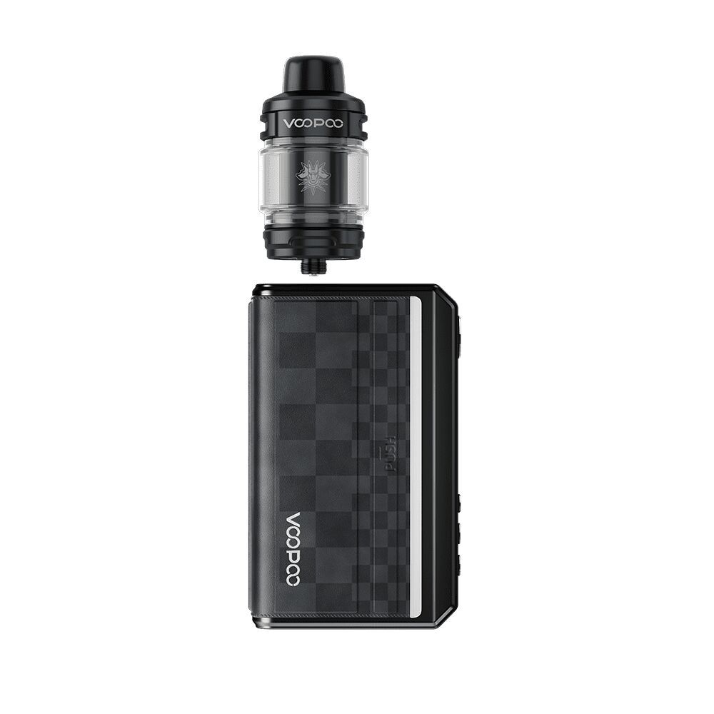 Voopoo Drag 5 Kit mit schwarz gemustertem Gehäuse, abnehmbarem Tankaufsatz mit transparentem Behälter und sichtbarem Voopoo-Logo.