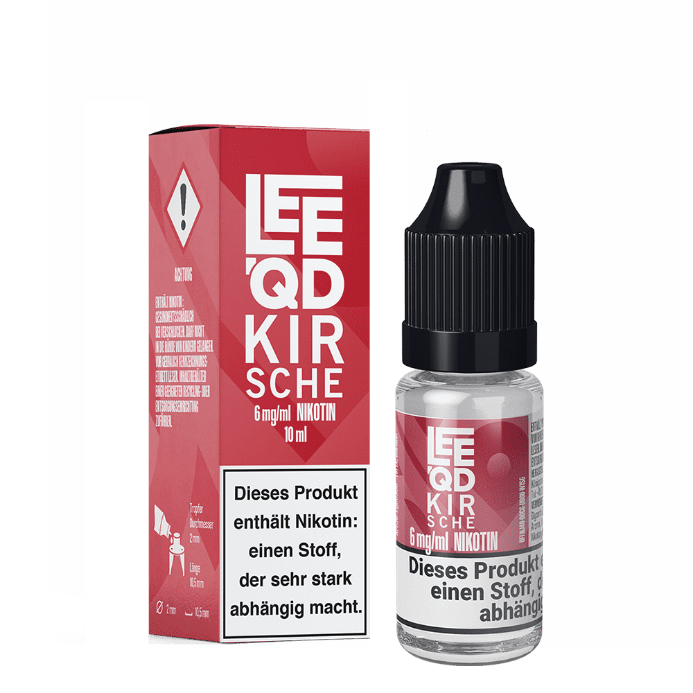 Lee QD Liquid Fruit Kirsche 6mg Verpackung und Flasche, rotes Design mit Textwarnung über Nikotininhalt auf der Vorderseite