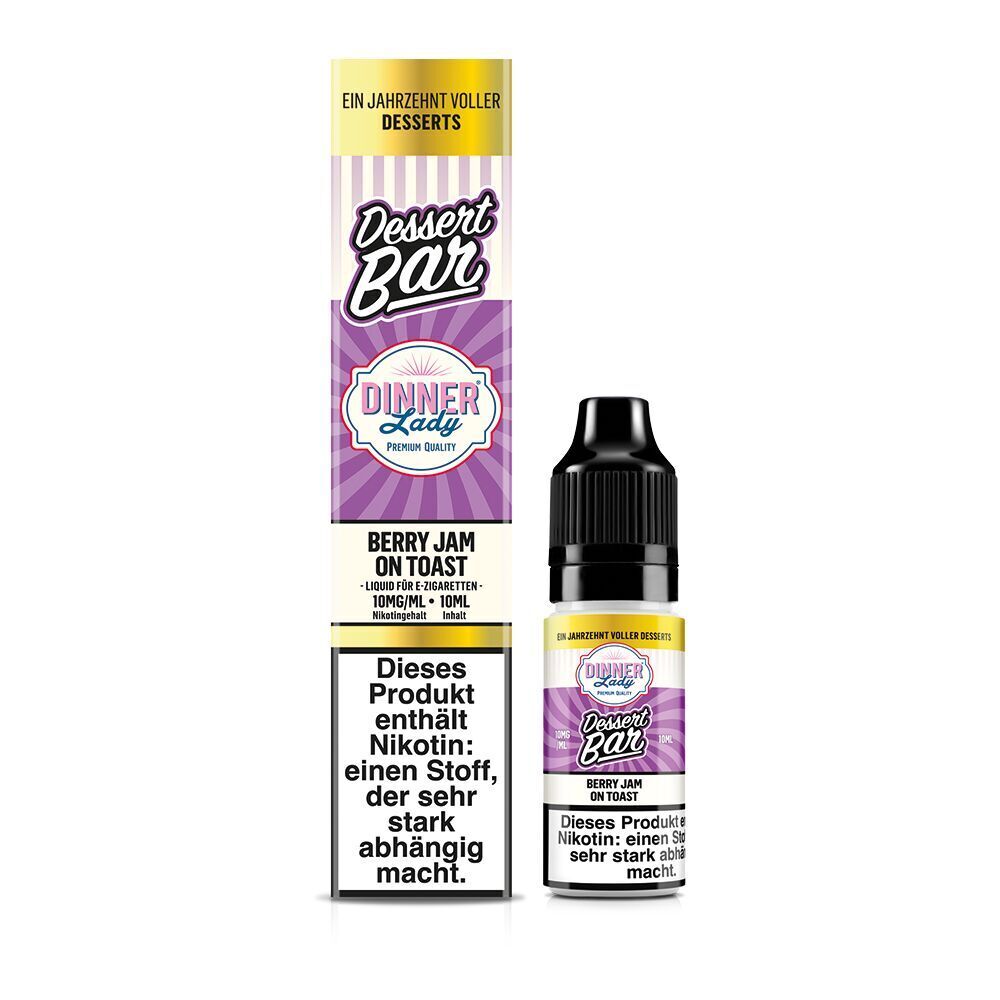 Liquid Berry Jam on Toast 10mg - Dinner Lady Nikotinsalz Dinner Lady Berry Jam on Toast Nikotinsalz 10mg neben passender Verpackung, Warnhinweise auf Vorderseiten sichtbar