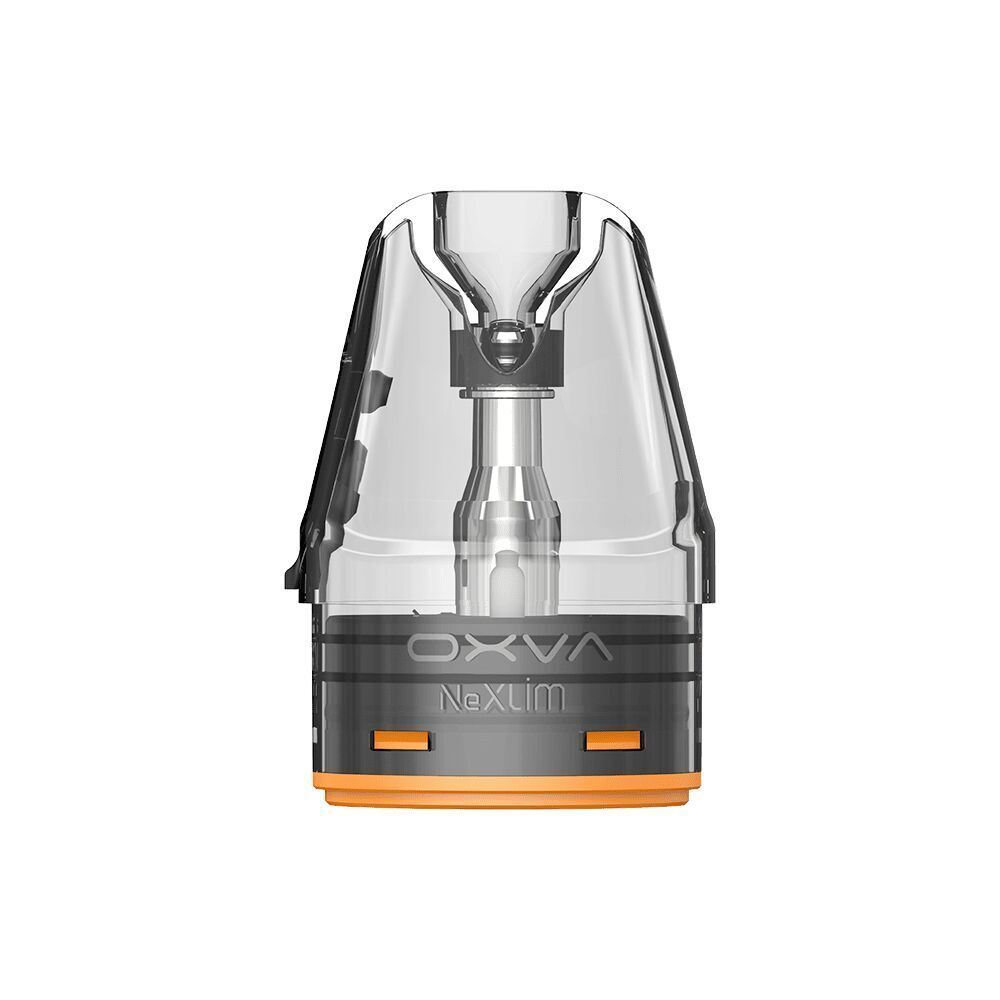 Oxva NeXLIM Pods mit 0,8 Ohm Coil und durchsichtigem Gehäuse, sichtbares Metall-Inneres, graue Basis mit orangefarbenem Rand, Markenlogo erkennbar