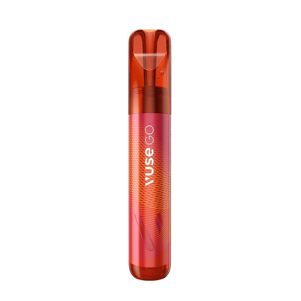 Roter Vuse GO 1000 Vape-Stift mit Berry Watermelon-Geschmack, 20mg, transparentem Mundstück und orangefarbenem Design.