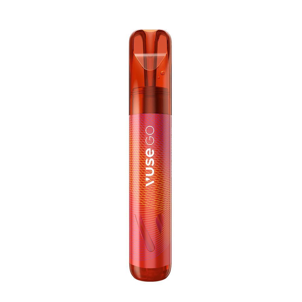 Berry Watermelon 20mg - Vuse GO 1000 Einweg Roter Vuse GO 1000 Vape-Stift mit Berry Watermelon-Geschmack, 20mg, transparentem Mundstück und orangefarbenem Design.