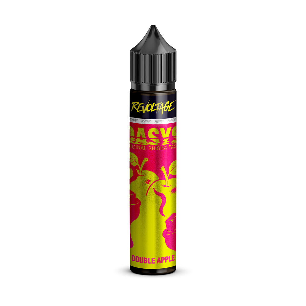 Revoltage Oasys Longfill Aroma Flasche mit pink-gelbem Design, Schriftzug "Double Apple" und Abbildungen von Äpfeln und Shisha-Rauch.
