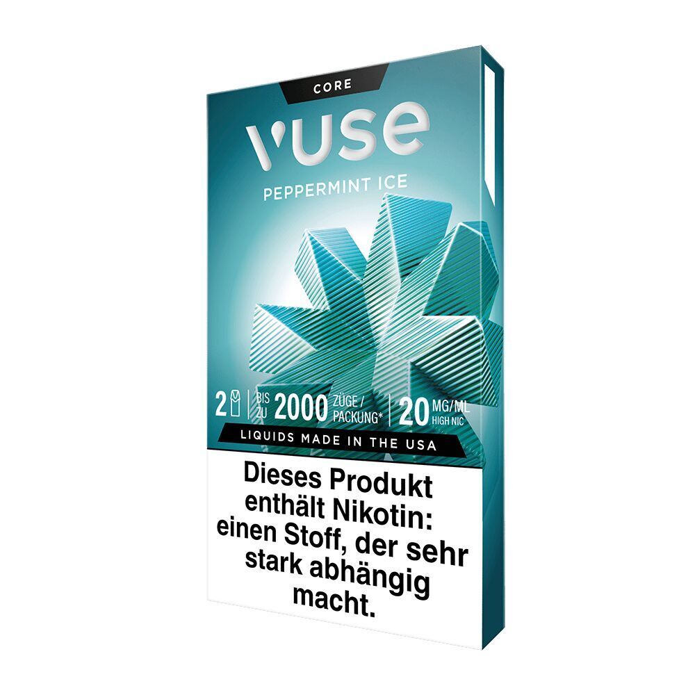 Vuse Pods - Peppermint Ice 0mg Verpackung von Vuse Peppermint Ice Pods mit 0 mg Nikotin, zeigt geometrisches Design, Warnhinweis über Nikotinsuchtpotenzial.