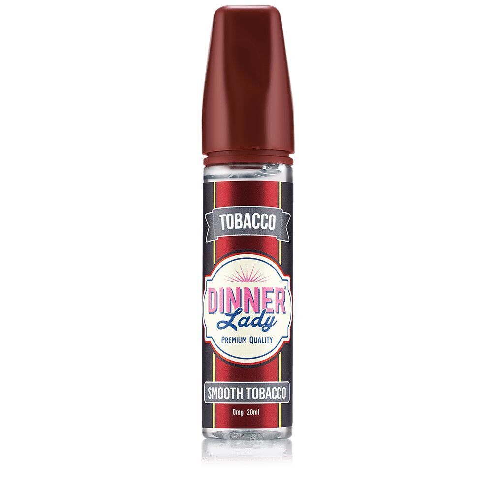 Aroma Smooth Tobacco von Dinner Lady Flasche mit braunem Deckel, beschriftet mit "Dinner Lady Premium Quality", "Smooth Tobacco", "Tobacco" auf schwarzem Etikett.