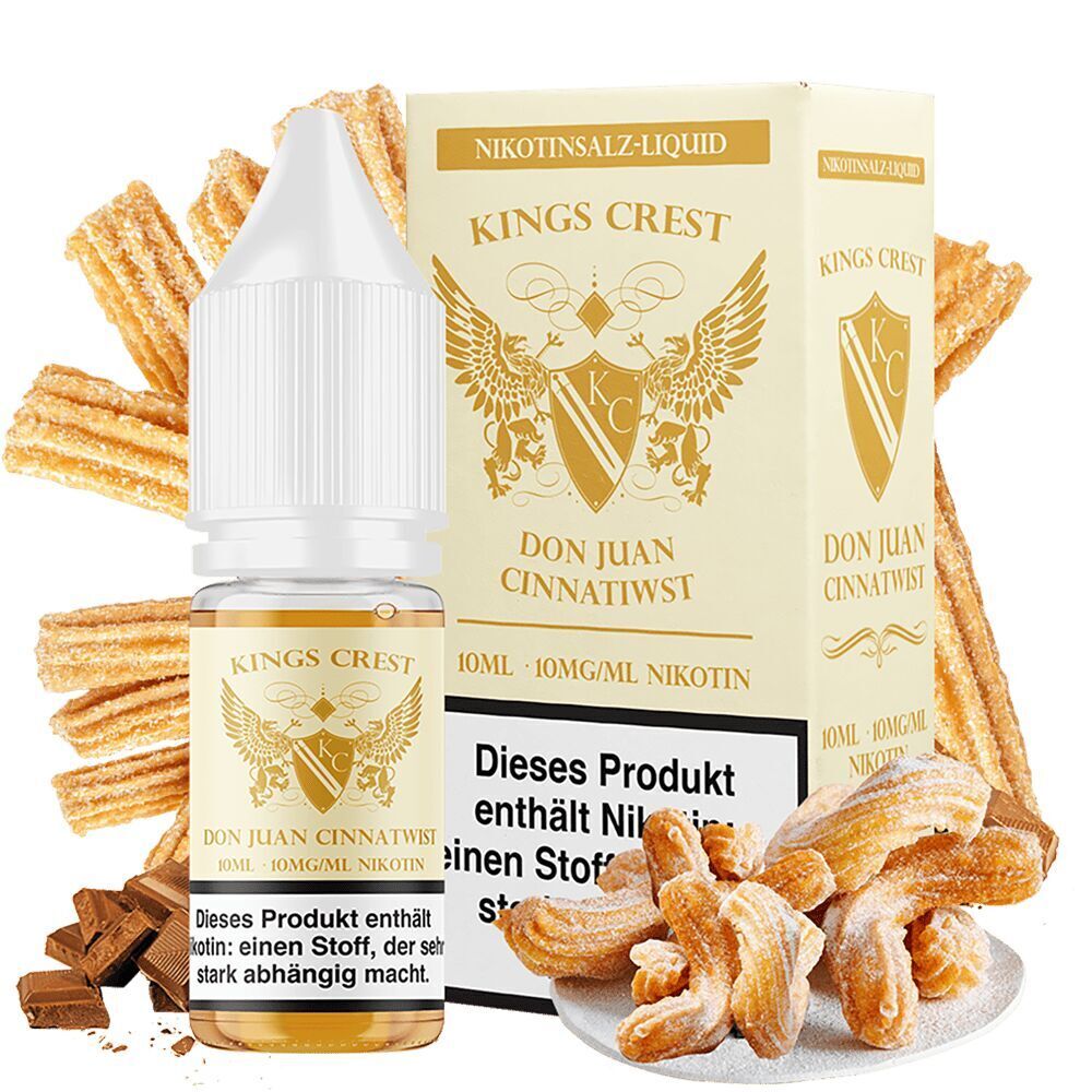 Kings Crest Nikotinsalz - Don Juan Cinnatwist Kings Crest Nikotinsalz Don Juan Cinnatwist 10mg mit Flasche und Verpackung, umgeben von Churros und Schokoladenstücken