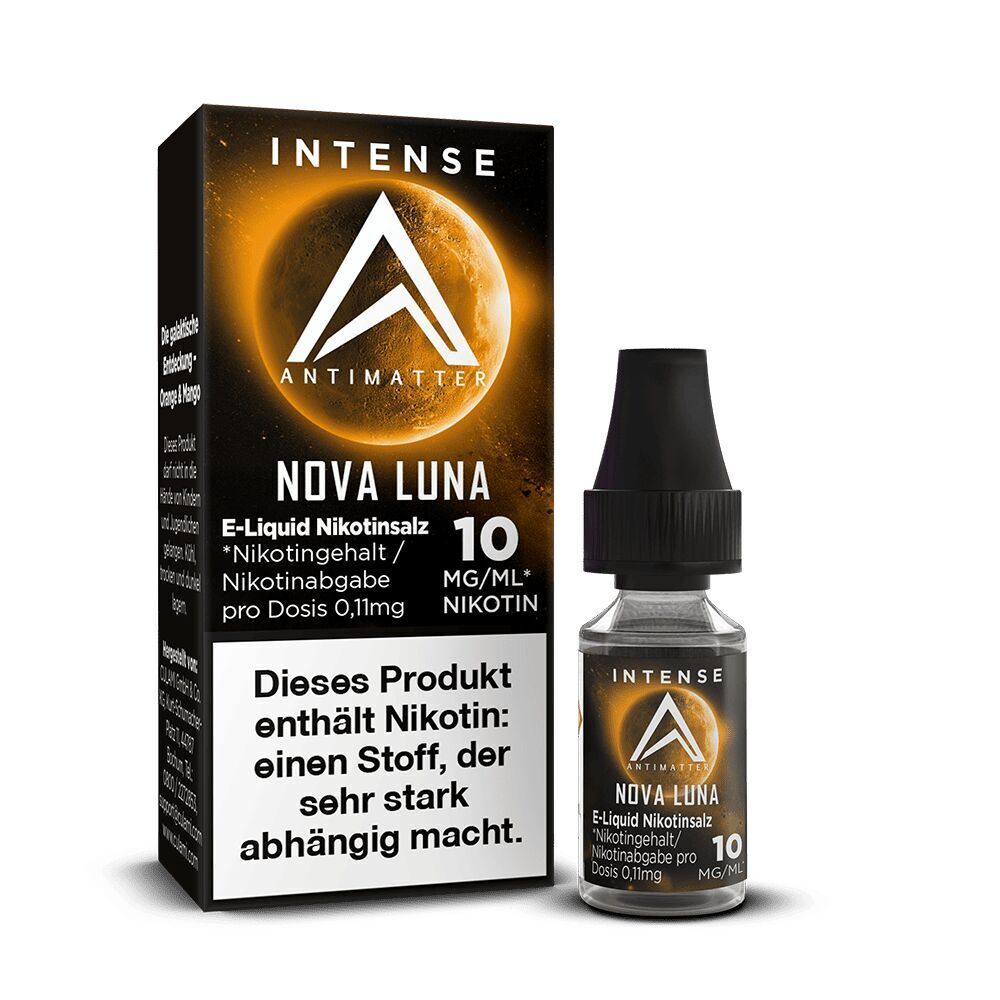 Antimatter Intense Nikotinsalz Nova Luna E-Liquid mit 10 mg/ml Nikotin, Flasche und Verpackung mit Warnhinweis sichtbar.