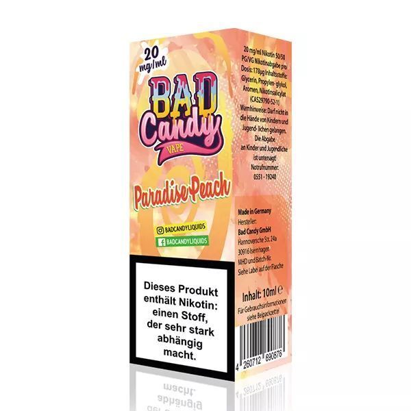 Liquid Paradise Peach mit 10mg Nikotin von Bad Candy Verpackung von Bad Candy Nikotinsalz Paradise Peach 10mg mit Warnhinweis zu Nikotininhalt, Herstellerangaben und Inhaltsmenge von 10ml