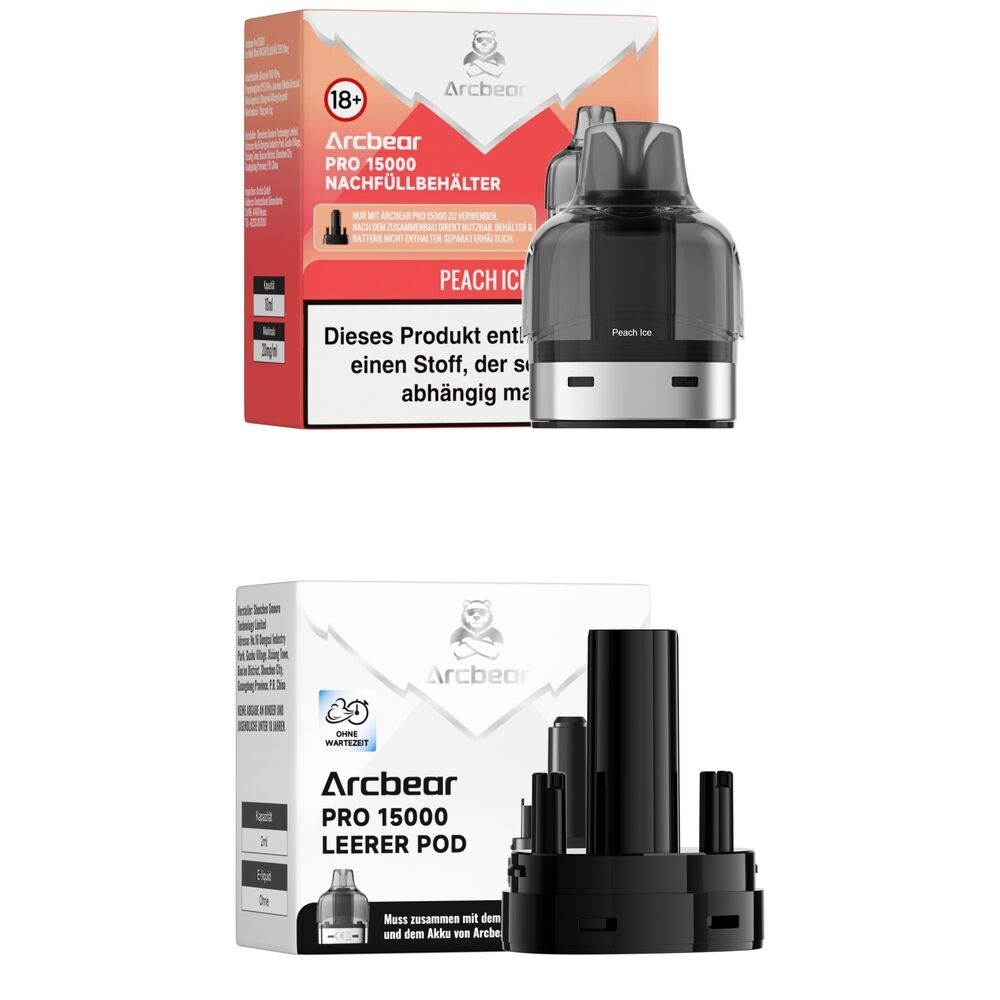 Arcbear Pro 15000 Pods - Peach Ice 20mg Arcbear Pro 15000 Pod in Peach Ice, Nachfüllbehälter mit Verpackung und Produkttexten für das Dampfen, Bild zeigt leeren Pod und Verpackung.