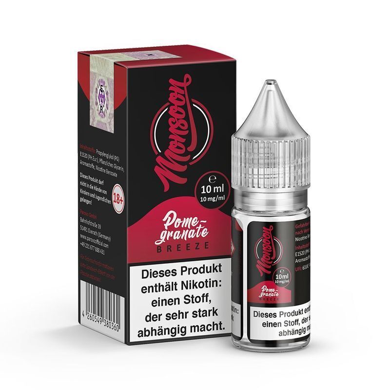 Liquid Pomegranate Breeze - Monsoon Nikotinsalz Flasche und Verpackung von Monsoon Pomegranate Breeze Nikotinsalz, 10 ml, mit Warnhinweis über Nikotingehalt und Abhängigkeitsgefahr