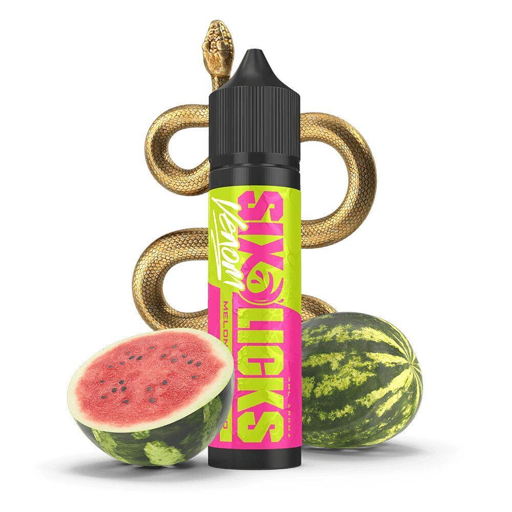 Six Licks Venom Aroma - Melon on my Mind Six Licks Venom Aroma Flasche, umgeben von einer goldenen Schlange und zwei halben Wassermelonen