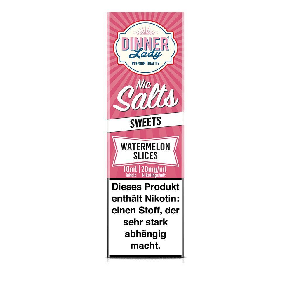 Dinner Lady Nikotinsalz Watermelon Slices Packung mit pinken Streifen, Text "Sweets", "Watermelon Slices", 10ml, 20mg Nikotin, Warnhinweis enthalten.