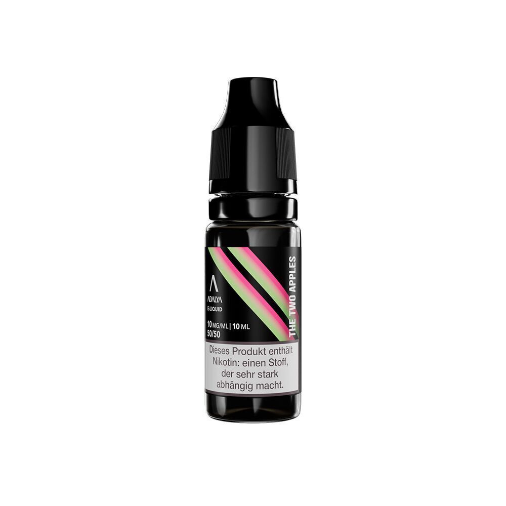 Liquid The Two Apples 10mg - Adalya Nikotinsalz Schwarze E-Liquid-Flasche mit Label "Adalya Nikotinsalz, The Two Apples", 10mg/ml, 10ml, Warnhinweis zur Nikotinsucht.