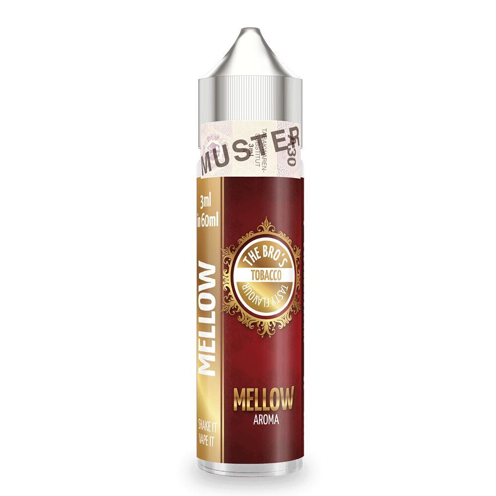Aroma Tobacco Mellow von The Bros Flasche mit The Bros Aroma, Tobacco Mellow, rotes und goldenes Design, Vermerk "Shake it Vape it", Inhalt 3ml in 60ml.