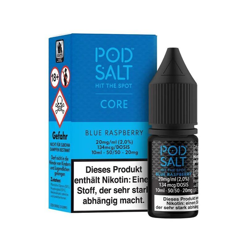 Liquid Blue Raspberry mit 20mg Nikotin von Pod Salt Core Pod Salt Core Blue Raspberry 20mg Nikotinsalz-Flasche mit Warntext zu Nikotinsucht und Verpackung mit 18+ und Gefahrensymbolen